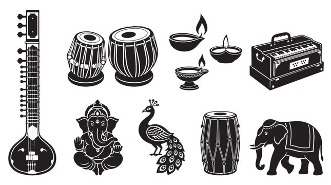 Traditional Indian Cultural and Musical Elements Silhouette Set