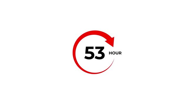 Featuring a circular red arrow and black dots, with the number 53 and the word hours in black text on a white background indicating time