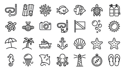Black outline tropical beach and diving line icons set. © muhammad