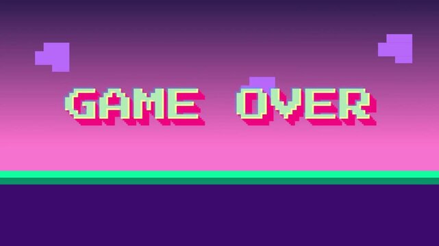 8-bit Game Over screen with retro pixelated text on neon gradient.