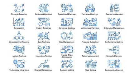 Fototapeta premium Blue strategic business planning and corporate AI icons.