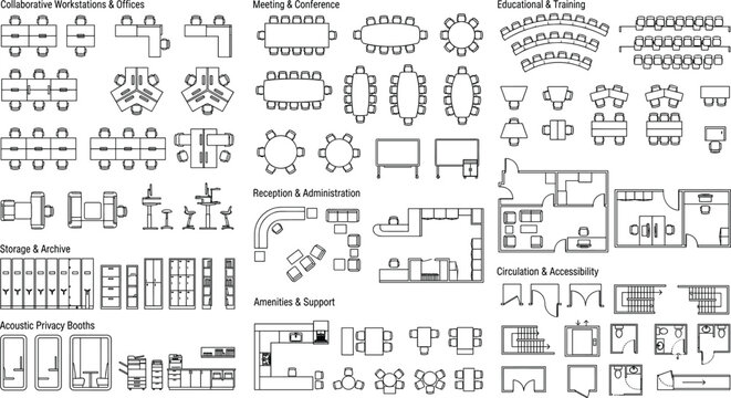 Office Floor Plan Furniture Symbols and Workspace Layout Icons Collection for Architectural CAD and Interior Design