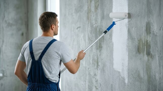 Professional painter in overalls priming an interior wall with a roller tool.