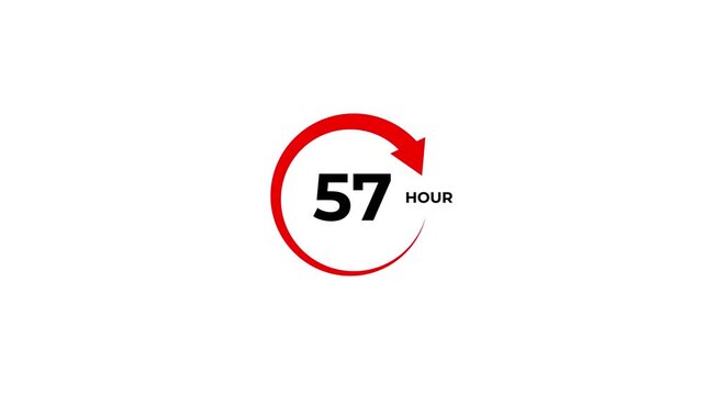 Featuring a circular red arrow and black dots, with the number 57 and the word hours in black text on a white background indicating time