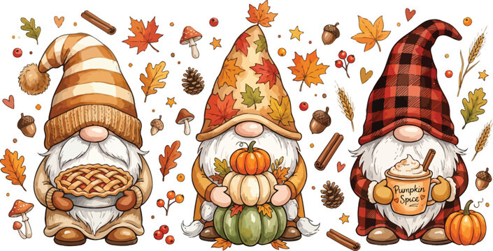 Three cute autumn gnomes wearing hats decorated with fall leaves holding a pie pumpkins and a warm mug on a white background design