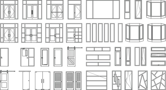Architectural Doors and Windows Line Art Vector Collection for CAD and Building Design Drawings