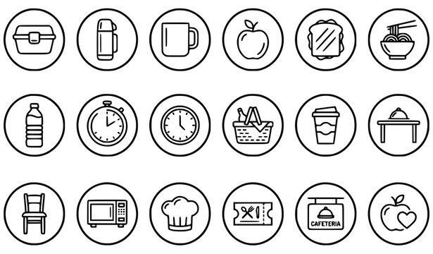 Minimal Lunch Break Line Icons Set Editable Outline Food and Dining Vector