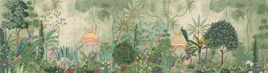 Traditional Pichwai style panoramic wallpaper featuring a majestic Mughal garden with peacocks and pavilions © MdSayeed