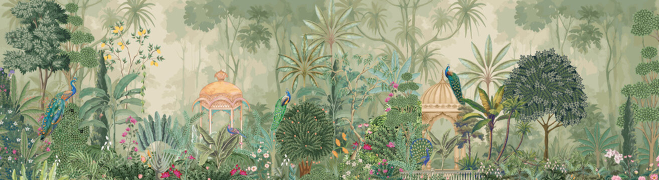 Traditional Pichwai style panoramic wallpaper featuring a majestic Mughal garden with peacocks and pavilions