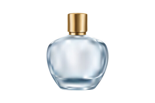 Clear glass perfume bottle with golden cap isolated on transparent background.