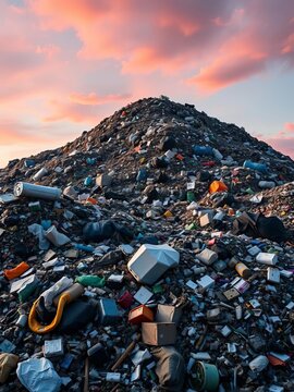 Mountain of trash at waste management facility, trash, processing