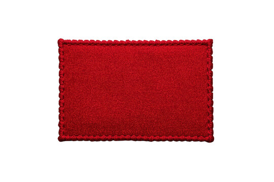 Blank red fabric patch with stitched border for branding or labeling on transparent background
