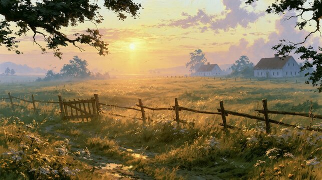 Golden sunrise over rustic farmhouse in misty meadow with old wooden fence and wildflowers.