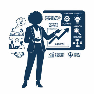 Business consultant presents a strategic growth chart featuring various corporate icons for.