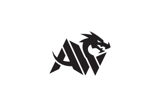 Modern aw logo design featuring a fierce dragon head integrated with abstract shapes