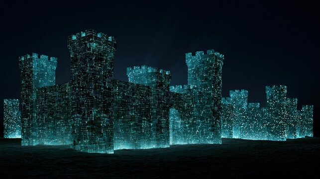 A futuristic digital castle glowing with blue light, composed of interconnected data points against a dark background.