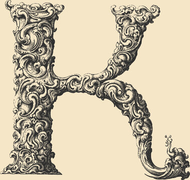 Ornate decorative letter K in stipple engraving style	
