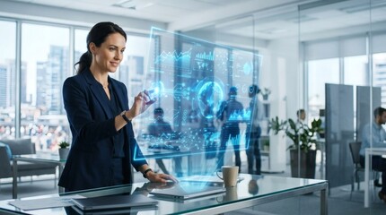Fototapeta premium Business professional using artificial intelligence holographic interface in modern office