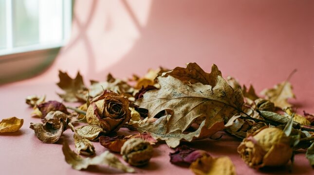 Dried autumn leaves scattered on pink surface.