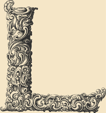 Ornate decorative letter L in stipple engraving style	