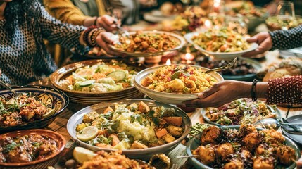 Obraz premium A vibrant communal meal with diverse dishes being shared among people, highlighting a festive and warm dining atmosphere.