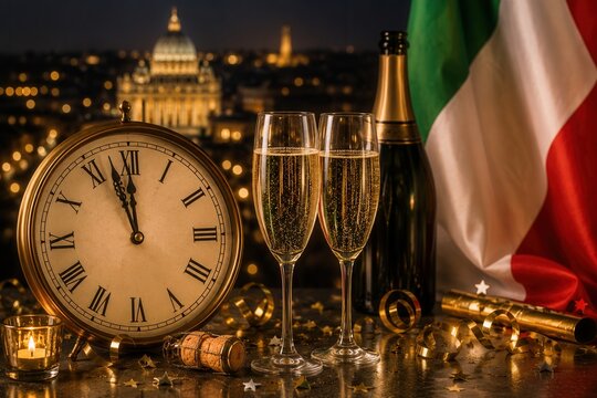 Italienischer Countdown zu Mitternacht &ndash; Vintage-Uhr, zwei Sektgl&auml;ser, Spumante und italienische Flagge vor n&auml;chtlicher Stadtkulisse, festliche Szene f&uuml;r Silvester in Italien.