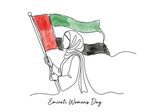 Continuous line drawing of an emirati woman holding a uae flag on a pole, watercolor style, isolated on white background