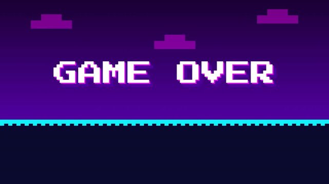 8-bit Retro Game Over Screen with Pixelated Clouds and Purple Background