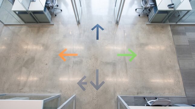 Modern office floor with directional arrows