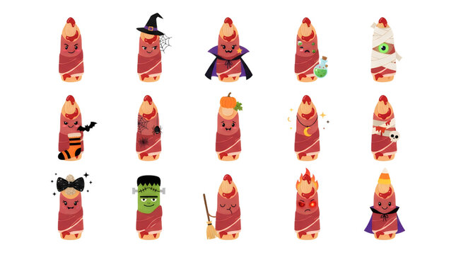 Halloween Prosciutto Witch Fingers  character collection flat vector icon set
