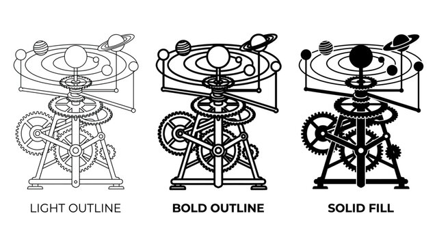 Orrery mechanical illustration set light outline bold outline and solid fill variations