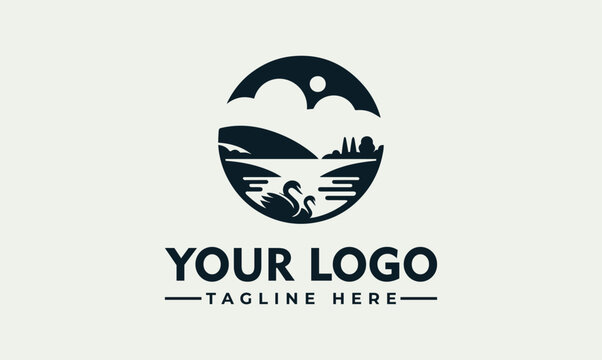 Minimalist Vector Logo Illustration Lake snd Hill Scenic Landscape Design