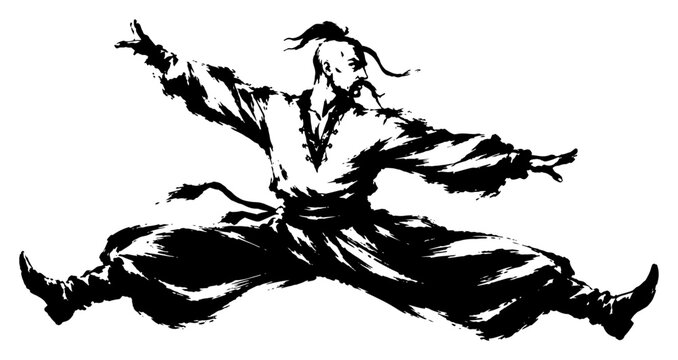 Ukrainian Cossack performing a dynamic traditional hopak dance in textured black ink brush style