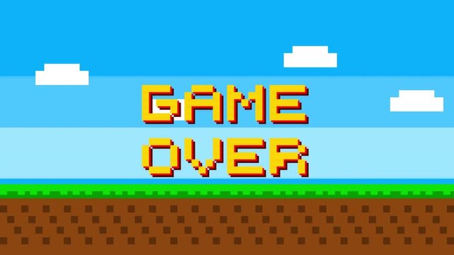 Retro 8bit Game Over Screen Animation with Pixel Art Landscape