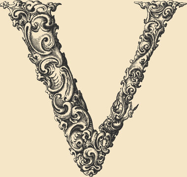 Ornate decorative letter V in stipple engraving style	