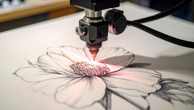 Laser Engraving Machine Etching a Floral Design on White Surface.