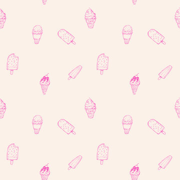 Seamless pattern with ice cream cones, sundaes, and soft-serve. Pattern repeats across white background. Simple, playful, and sweet-themed design. Great for summer, dessert, or children's content 