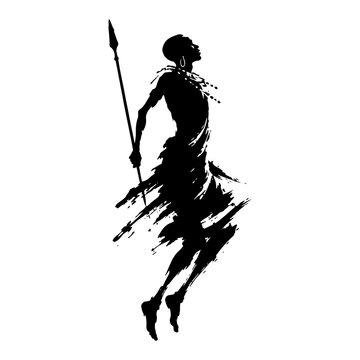 African warrior jumping with a spear in traditional tribal dance ink sketch style