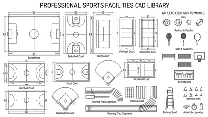 Professional Sports Facilities CAD Library with Court Layouts Athletic Equipment and Field Symbols © MdMazibur
