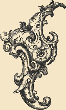 Decorative stipple engraving of a baroque scroll
