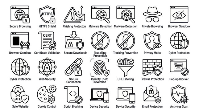 Cybersecurity, antivirus, and malware protection shield icons.