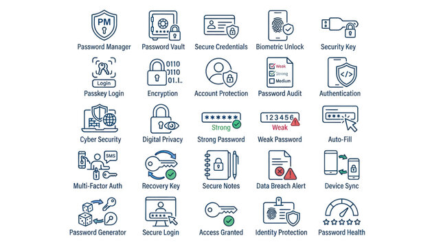 Cybersecurity account protection and digital safety icons.