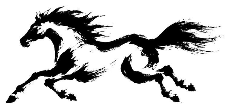 Galloping horse silhouette in dynamic expressive ink brush stroke style