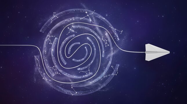 Navigating Complexity: A paper airplane embarks on a journey through a swirling, intricate vortex of digital connections, symbolizing the path to innovation and problem-solving.