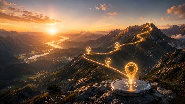 Glowing compass base and light path leading to mountain summit flag at sunset depicting business goal achievement and strategic journey