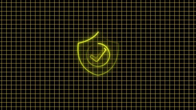 Shield emblem containing a checkmark appears in bright yellow neon lines set over a dark grid pattern illustrating robust data security and safety protocols for protecting sensitive user information.