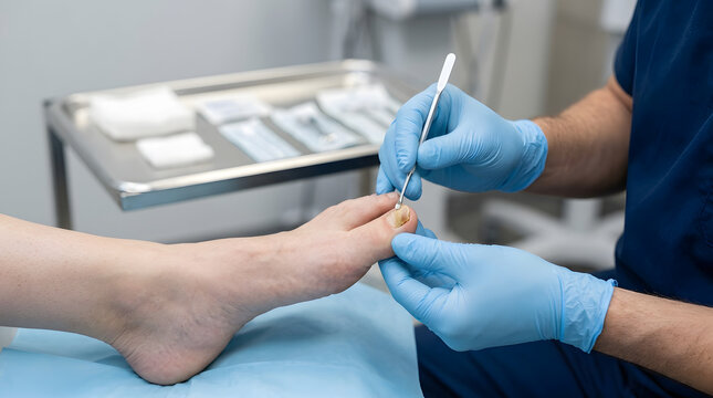 Close-up of a podiatrist using a specialized dental-style or podiatric burr drill to smoothly grind down and thin a thickened or fungal big toenail during a clinical foot treatment