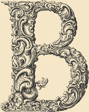 Ornate decorative letter B in stipple engraving style	