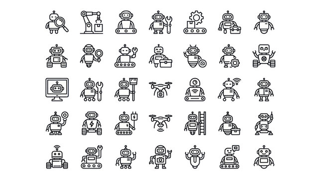 Cute humanoid robot and automation character icon set.
