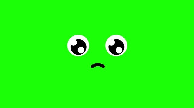 Animation of sad, teary eyes and a pouting mouth; cartoon-style expression; green background; 4K video.
